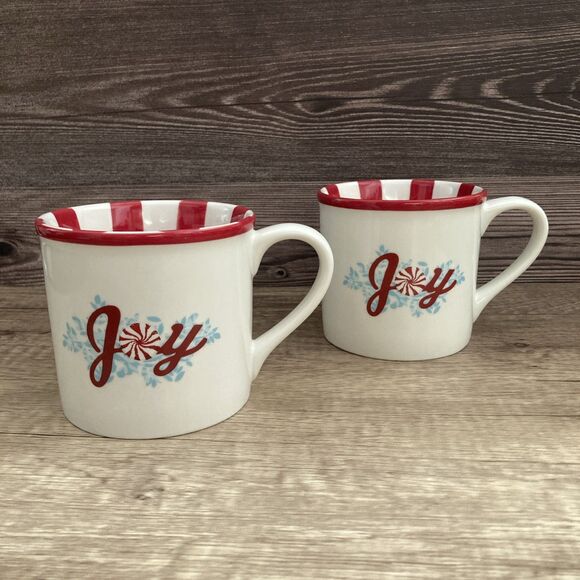 Set of 2 Starbucks Holiday 2007 Joy Mugs Christmas Peppermint Candy Striped 14oz - Picture 1 of 11